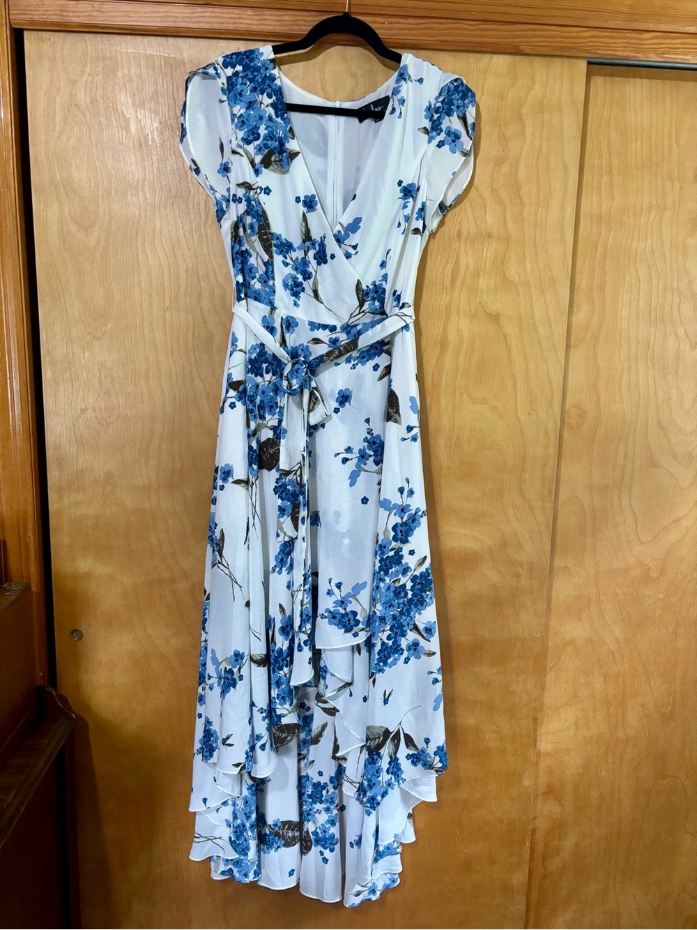 Lulu's White Wrap High-Low Dress with Blue Floral Print
